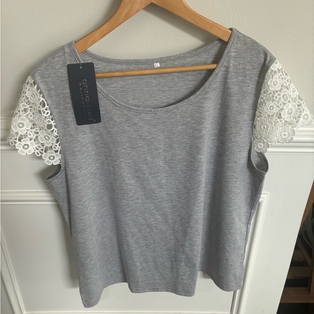 Anna-Kaci California NWT Gray Shirt with White Lace Sleeves| XL - Picture 2 of 8